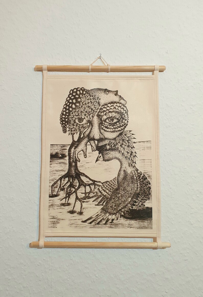 May include: A black and white illustration of a tree with a human face and a bird with its wings spread. The tree has roots and branches that resemble a human hand. The bird is perched on the tree's branches.