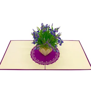 Iris in Vase 3D Pop-Up Card Ideal for  Birthday, Anniversary, Just Because, Mother&#39;s Day, Valentine’s Day or Any Occasion