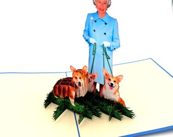 Queen Elizabeth and Corgis Pop-Up Card, Royal Family Greetings