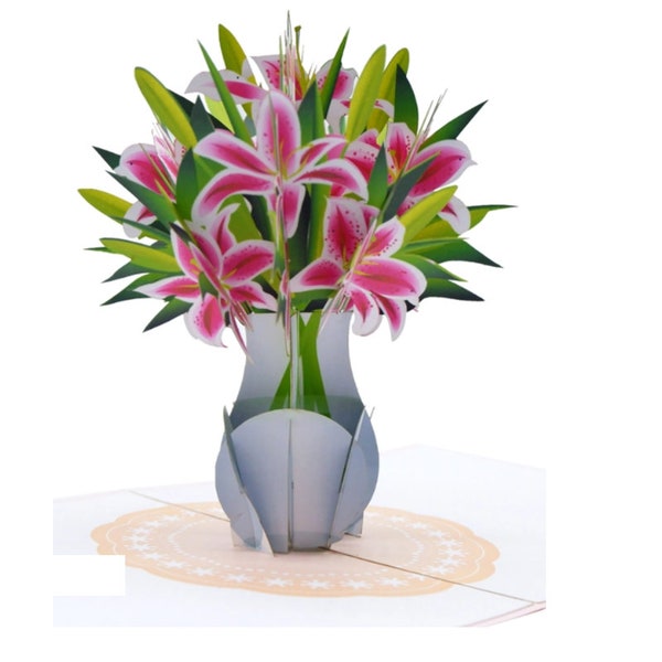 Stargazers Lilies in Vase 3D Pop-Up Card for Birthday, Anniversary, Just Because or Any Occasion