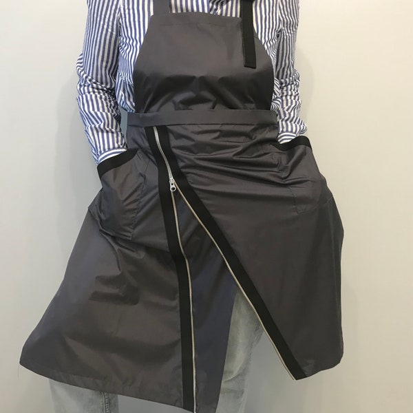 Gray pottery apron/ Waterproof breathable fabric/ Split-leg apron rainproof/ Artist, ceramic, work apron/ Split leg apron with zipper