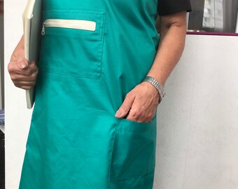 Blue green apron for teacher, florist/ No strings, cross back apron/ Teacher gift/ Apron with 3 pockets