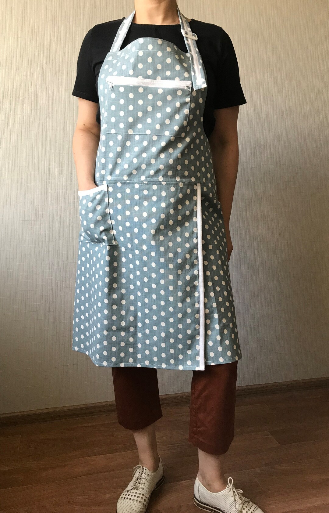 Blue Splitleg Apron/ Polka Dot Pottery Apron/ Split Front Apron /artist, Ceramic Apron/ Pottery