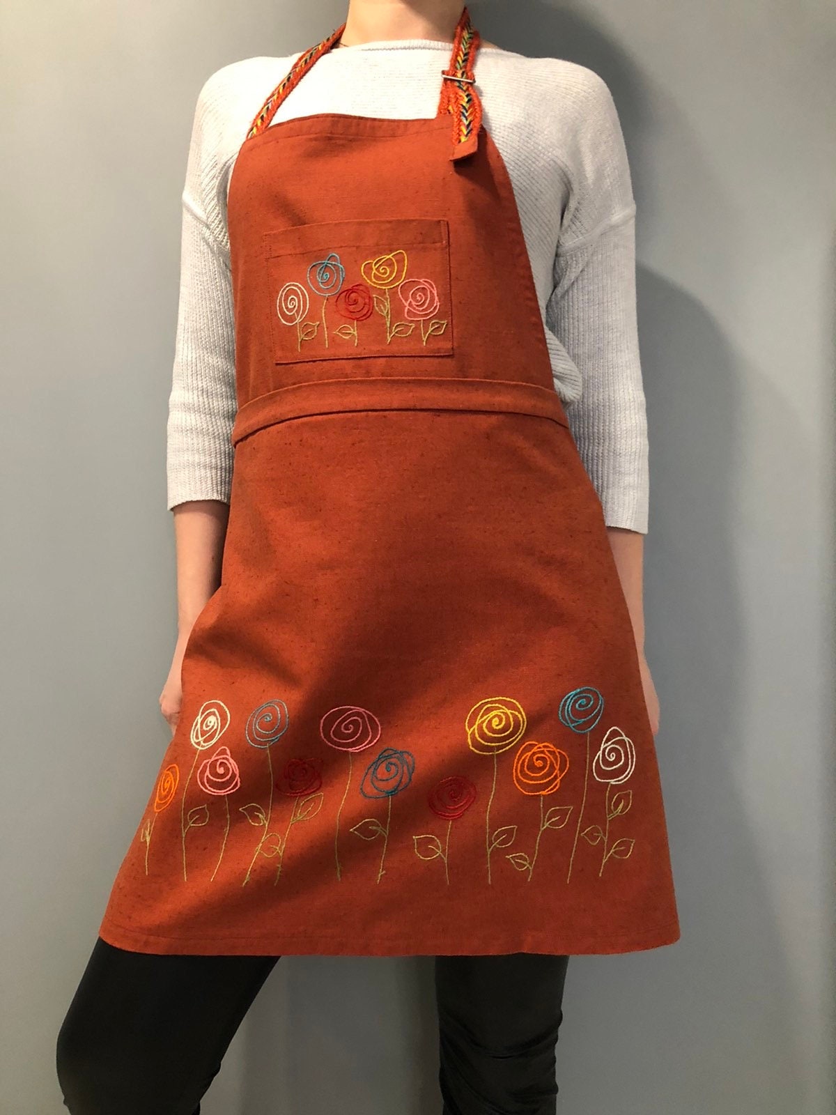 Handmade linen apron /Embroidered linen apron/Terracotta linen Etsy