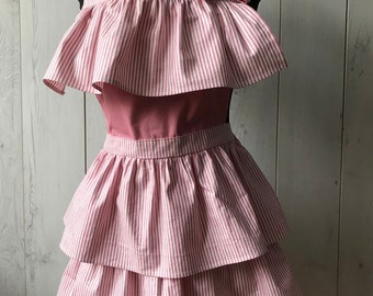 Ruffled apron/ Cotton pink apron for woman with ruffles / Flirty apron for kitchen and parties / Striped apron with ruffles / Cute apron