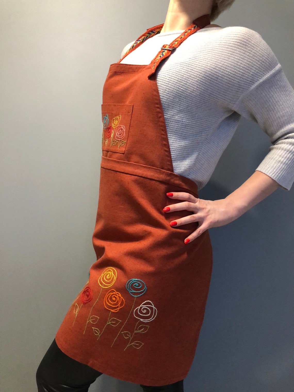 Handmade linen apron /Embroidered linen apron/Terracotta linen Etsy
