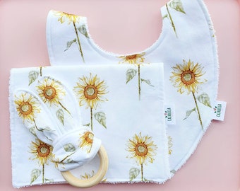 3 pieces baby gift set, Sunflower bib, burp cloth, feeding bibs, dribble bibs, cotton bibs, bandana bibs, baby girl gift set, baby shower