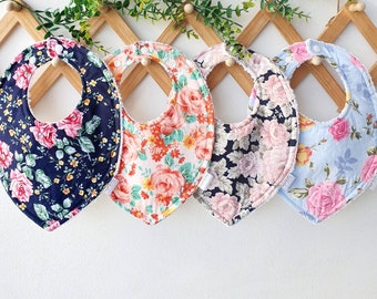 Absorbent cotton bibs, dribble bibs, floral bibs, baby shower gift ideas, baby girl gift, baby accessories, bandana bibs, feeding bibs