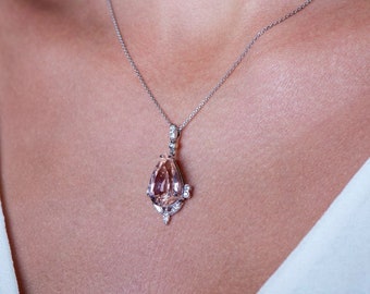 Morganite and Marquise Cut Diamond  Necklace, 14k Gold Necklace,Mother’s Day Gift,Gift for Mom