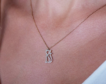 Elegant Solid Rose Gold and Diamond Tiny Cat Necklace - Perfect Gift for Cat Lovers,Mother’s Day Gift,Gift for Mom