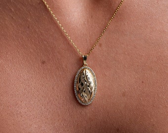 Collar de medallón de oro macizo de 14K / Collar de medallón de bisel de diamantes / Regalo del Día de la Madre