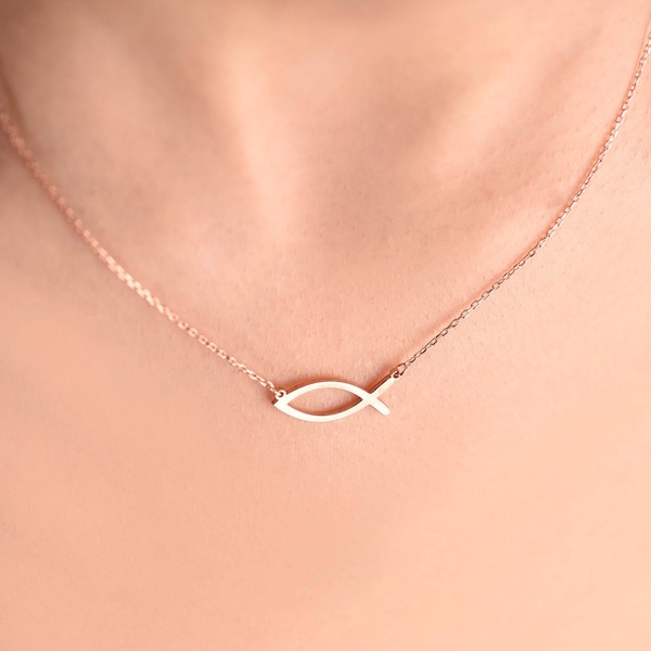 Ichthys Fish Necklace/Yellow Gold Ichthys Necklace/Christian Fish Gift/Minimalist Ichthys Fish Necklace/Mother’s Day Gift,Gift for Mom