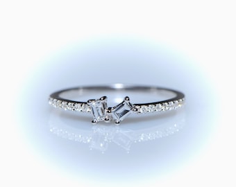 Elegant Two Baguettes White Gold Ring with Sparkling Round Diamond Accents, Mother’s Day Gift,Gift for Mom