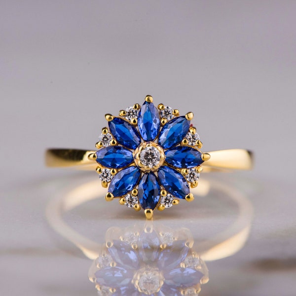 Lotusblüten-Verlobungsring / 14K Gold Saphir-Diamant-Ring / Blumen-Cluster-Lotus-Ring/Weihnachtsgeschenke
