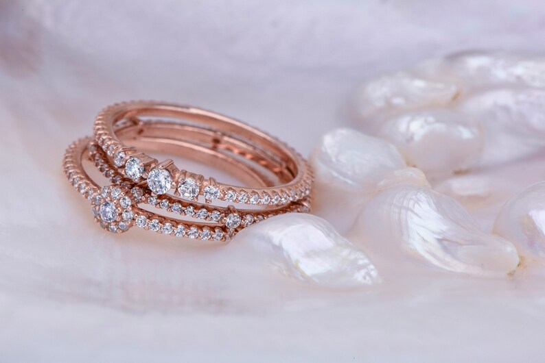 Full Eternity Band 14K Rose Gold Diamond Ring Stackable Thin Band Halo Wedding Ring Personalized Birthstone Anniversary Mothers day gift