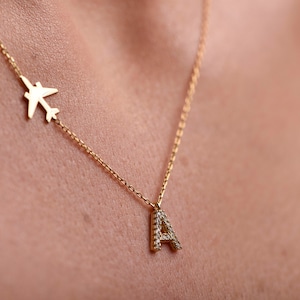 14K Gold Letter Airplane Necklace/Diamond Letter Necklace/Gold Aircraft Necklace/Personalized Letter Necklace/Mother’s Day Gift