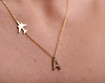 14K Gold Letter Airplane Necklace/Diamond Letter Necklace/Gold Aircraft Necklace/Personalized Letter Necklace/Mother’s Day Gift