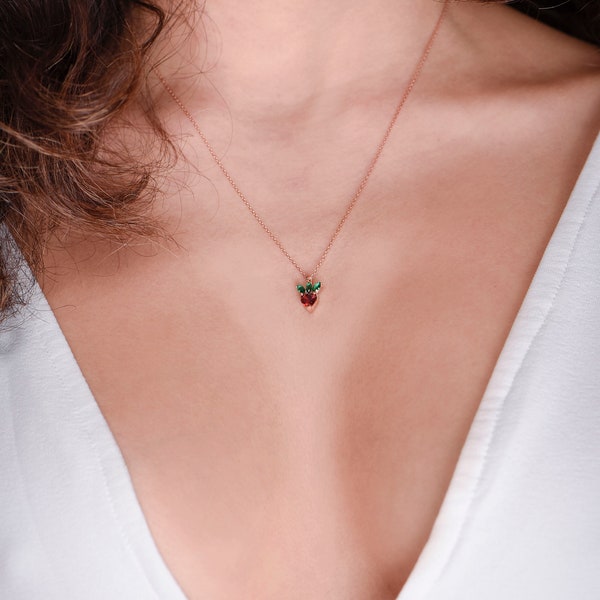 Unique Strawberry Necklace in Rose Gold, adorned with Garnet and Emerald ,Mother’s Day Gift,Gift For Mom