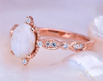 Elegant 14k Solid Rose Gold Vintage Style Opal and Diamond Engagement Ring,Mother’s Day Gift