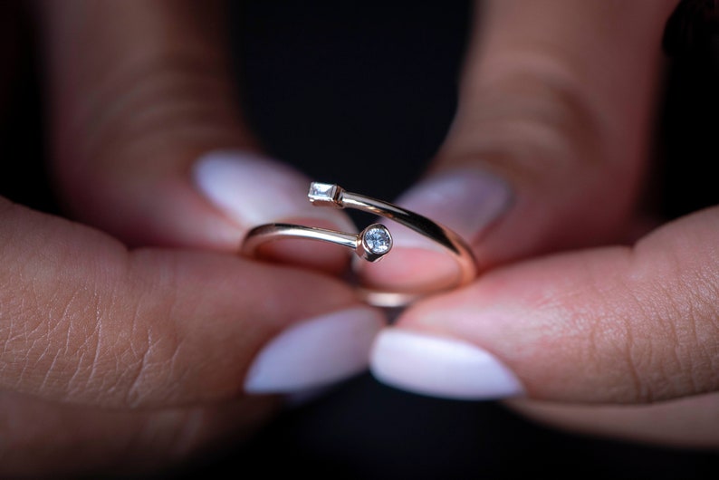 Minimalist Diamond Ring Handcrafted Overlap Open Bezel Design in 14K Rose Gold-Mothers Day Gift,Gift for Mom image 2