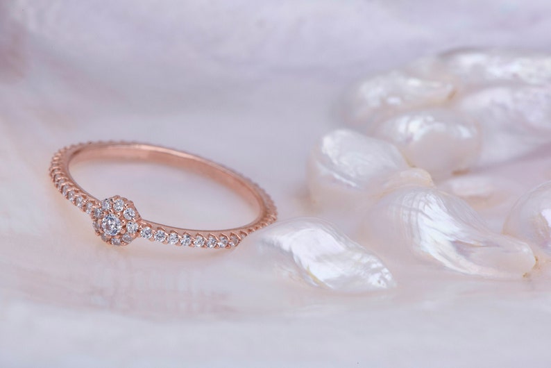 Full Eternity Band 14K Rose Gold Diamond Ring Stackable Thin Band Halo Wedding Ring Personalized Birthstone Anniversary Mothers day gift