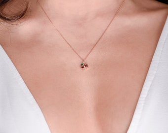 Emerald Garnet and Diamond Stone Cherry Necklace, 14K Solid Rose Gold Cherry Necklace,Mother’s Day Gift,Gift for Mom