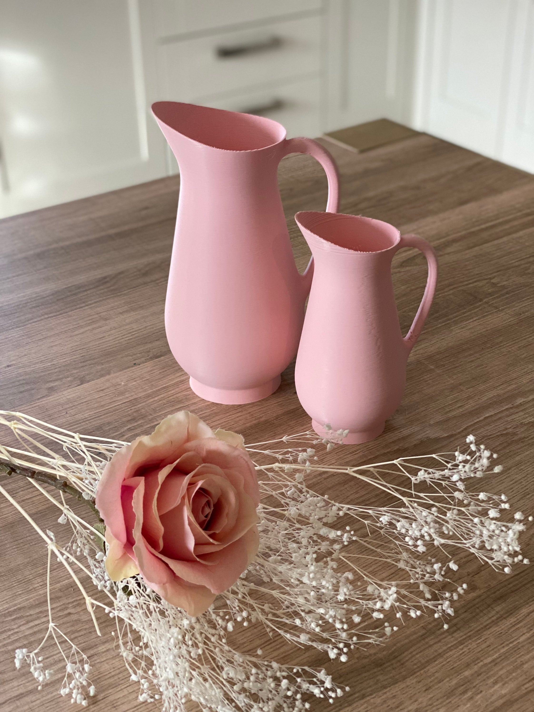 Water FSL Ceramic Jug Pale Pink Glazed Large with Handle Pitcher Flowers Milk Juice 