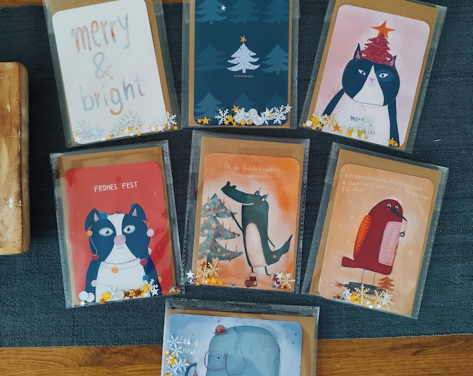 Elegant Glitter Christmas Card Set, 7 Pieces | Hand-Drawn Greeting Cards with Winter Animal Motifs | Festive Christmas Cards