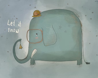 Glitzer Weihnachtskarte Schnee | Grußkarte mit Elefant| handgezeichnete Karte | süße Weihnachtsgrußkarte | Karte mit Glitzer für Freundinnen