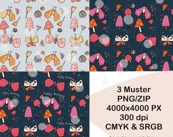 Butterfly mushrooms autumn, seamless pattern for textile printing, birthday greeting butterflies, digital fabric pattern 300 DPI PNG Download