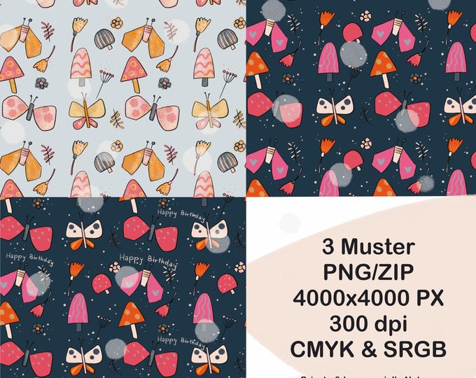Butterfly mushrooms autumn, seamless pattern for textile printing, birthday greeting butterflies, digital fabric pattern 300 DPI PNG Download