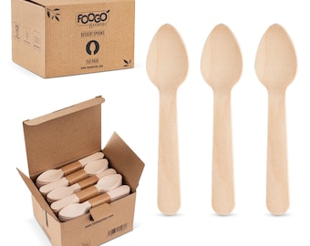 FOOGO Green Wooden Dessert Spoons, Small Disposable Cutlery, For Icecreams, Jelly, Cakes, Sturdy Eco-Friendly Wooden Icecream Spoons