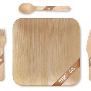 200pcs Disposable Palm Leaf plates and Cutlery set | Square | Like Wooden plates | Picnic BBQ Party Wedding Dinnerware | Tableware | Rustic