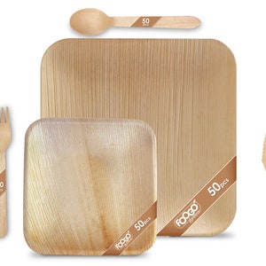 250pcs Disposable Palm Leaf plates and Cutlery set | Square | Like Wooden Plates | Picnic Party Wedding Dinnerware | Tableware | Rustic