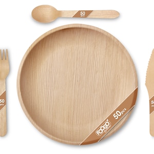 200pcs Disposable Palm Leaf plates and Cutlery set | Round | Like Wooden plates | Picnic BBQ Party Wedding Dinnerware | Tableware | Rustic