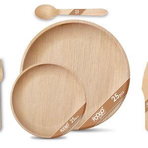 125pcs Disposable Palm Leaf plates and Cutlery set | Round | Like Wooden plates | Picnic BBQ Party Wedding Dinnerware | Tableware | Rustic