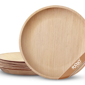 May include: A stack of 10 round, brown, palm leaf plates. The plates are made from sustainable materials and are biodegradable. The plates are ideal for serving food at parties or events. The plates are made by Foogo Green.