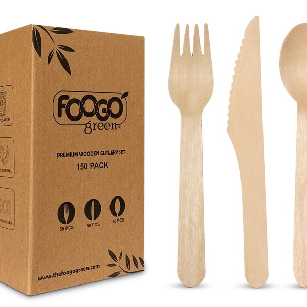 150pcs Disposable Wooden Cutlery set | 50x forks, 50x spoons, 50x knives | Eco friendly | Picnic, BBQ, Wedding & Party