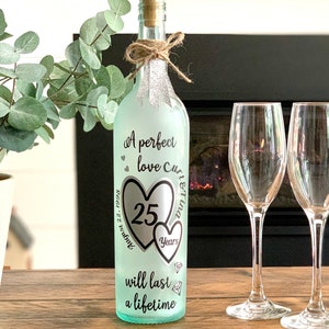 Lighted Wine Bottle, A Perfect Love will last a Lifetime, 25th Wedding Anniversary Gift for Couple, Silver Anniversary Party Decoration, Tab