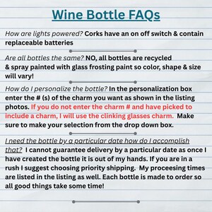 May include: A document titled "Wine Bottle FAQs" with text explaining the features of wine bottles. The text is in black font on a light blue background. The document answers questions about lights, personalization, and delivery.