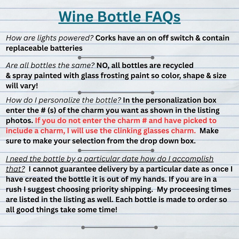 May include: A document titled "Wine Bottle FAQs" with text explaining the features of wine bottles. The text is in black font on a light blue background. The document answers questions about lights, personalization, and delivery.