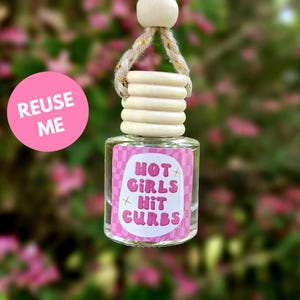 May include: A small clear glass bottle with a wooden cap and a hanging rope. The bottle features a pink label with a checkered pattern and the text "HOT GIRLS HIT CURBS" in pink letters. A pink circular sticker reads "REUSE ME" on the left side.