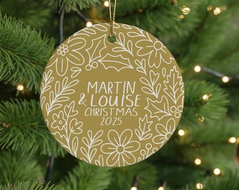 Personalised Couples Christmas decoration -  Christmas tree Bauble - Vintage Coloured modern style  - engaged gift, Couples xmas keepsake