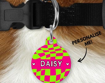 Personalised Pink & Lime green checker board Pet ID Tag - Colourful Dog and cat name Tag - unique, Dog collar accessories - Cat ID Tag charm
