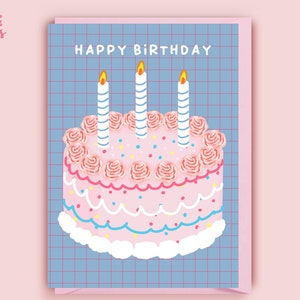 Carte d'anniversaire illustrée de gâteau - Jolie carte d'anniversaire illustrée pour elle - Jolie carte d'anniversaire pour elle - Carte d'anniversaire de gâteau - Carte d'ami mignon
