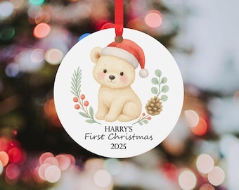 Custom Baby's First Christmas Tree Bauble, White Bear, Babys First Christmas Ornament, Christmas Keepsake, Christmas Gifts, Babys Xmas Gifts