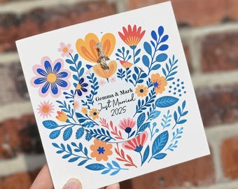 Personised Floral Wedding keepsake card with Ornament - folksy outdoor wedding card with personalised metal Ornament - Wedding day Name