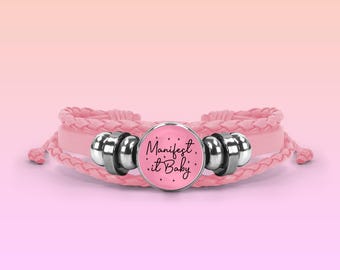Manifestation bracelet - Pink Braided Leather "Manifest It Baby" Bracelet – Positive Affirmation Gift for Manifestation Lovers, LOA Gift