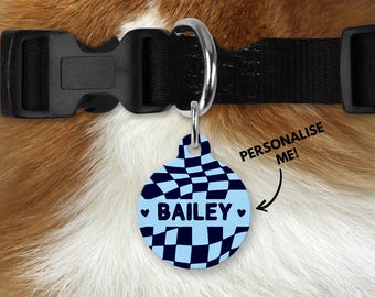 Personalised checker board Pet ID Tag - Navy BLUE Dog and cat name Tag - Unique Alternative, Dog collar accessories - Cute Cat ID Tag charm