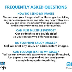 Peut inclure: Fond blanc avec du texte bleu. Le texte r&eacute;pond aux questions sur l'envoi d'images, l'utilisation de plusieurs photos, l'impression d'images os&eacute;es et l'ajout de texte. Le logo Binge Greetings est en bas &agrave; gauche.